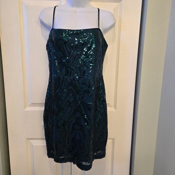 Lulu's Sparkling Magic Emerald Green Sequin Lace-Up Mini Dress size L HOCO Party - Picture 3 of 9